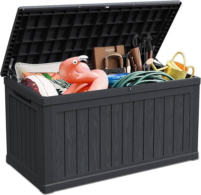 230 Gallon Double-Wall Resin Deck Box - Lockable Waterproof Outdoor Storage Box, 1000lbs Capacity & Doubles as Seating for Patio Furniture - Garden Tools, Pool Accessories (Black)-CasaMuseHome