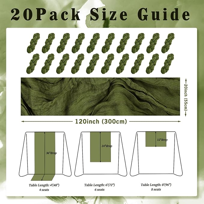 20 Pack Olive Green 10FT Cheesecloth Table Runner Rustic Gauze Cheese Cloth Table Runner for Wedding Bridal Baby Shower Table Decorations Boho Fabric Sheer Birthday Party Decor 20 x 120 Inch Long-CasaMuseHome