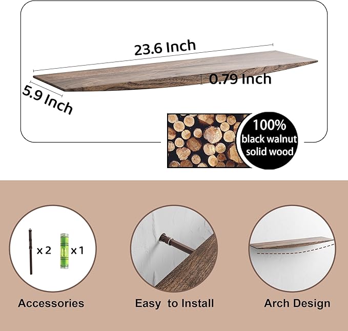 24’’ Black Walnut Floating Shelves - 6 Inch Deep Solid Wood Floating Shelf for Wall, Rustic Zen TV Shelf Wall Mounted, Live Edge Shelf with Invisible Brackets for Living Room, Bedroom, Kitchen.-CasaMuseHome