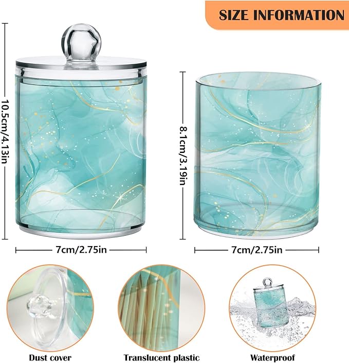 2 Pack Qtip Holder Dispenser Turquoise Marble Bathroom Storage Canister Lid Acrylic Plastic Apothecary Jar Set Vanity Makeup Organizer for Cotton Swabs/Pads/Floss-CasaMuseHome