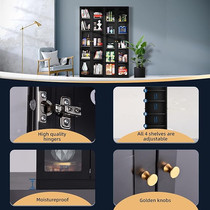 5 Tier Metal Curio Cabinets, Modern Bookshelf Cabinet with 4 Adjustable Shelves, Cabinet Display Case for Home Office, Living Room, Pantry (Black-27.5W)-CasaMuseHome