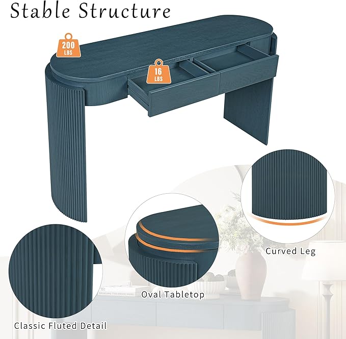 55" Sofa Table with Oval Top and 2 Drawers, Entryway Console Table with Fluted Design for Hallway,Foyer,Entry and Living Room (Fully Assembled-Navy)-CasaMuseHome