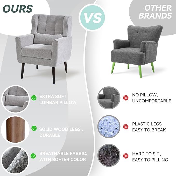 Accent Chair Set of 2, Upholstered Armchair with Pillow, Fabric Single Sofa Chair with Lounge Seat and Wood Legs Accent Chair for Living Room Small Spaces (Grey, Set of 2)-CasaMuseHome