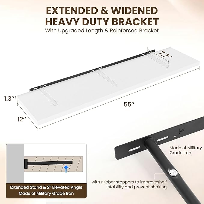 55" Floating Shelves for Wall, 12" Deep Slim White Floating Shelves, Wall-Mounted Shelves for Bedroom, Living Room, Kitchen, Bathroom - Set of 2-CasaMuseHome