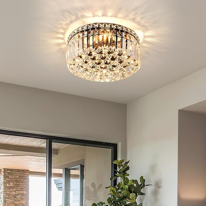 4-Light Black Crystal Chandeliers Flush Mount Chandelier Light Fixture with K9 Crystals Modern Ceiling Lights Elegant Round Lamp for Bedroom,Hallway,Bar,Living Room,Dining Room,H5.9 xW13.7-CasaMuseHome