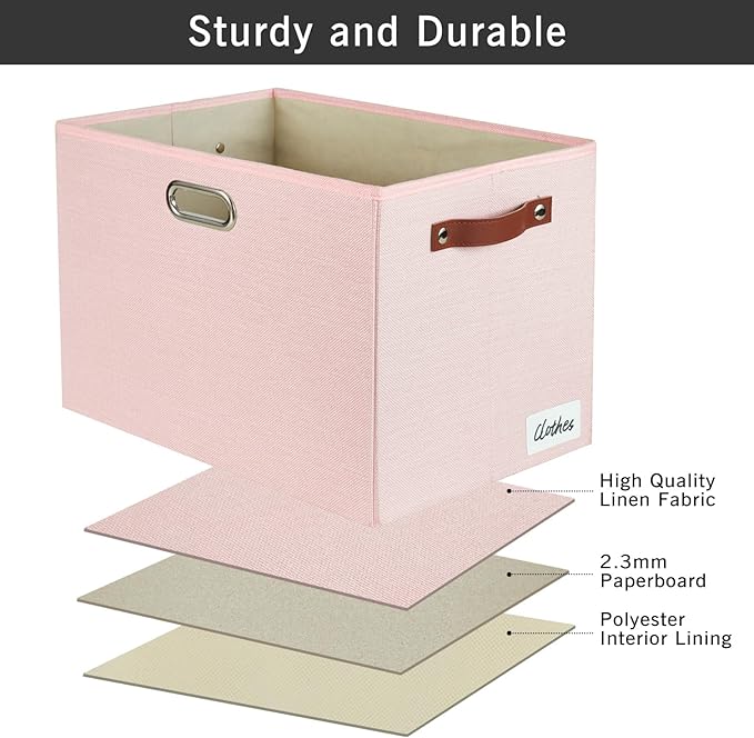 3-Pack Foldable Fabric Storage Bins with Durable PU & Metal Handles, Collapsible Storage Baskets for Shelves, Home Storage, Closet Organizers, Living Room(17"x11.8"x11.8", Pink)-CasaMuseHome