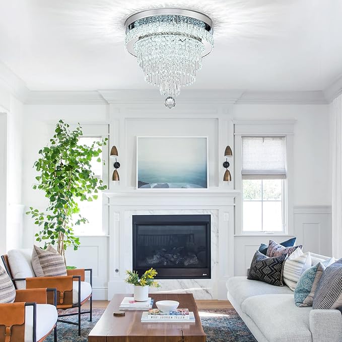 16“ Crystal Chandeliers Round Modern LED Chandelier Light Flush Mount Ceiling Light Fixtures with Remote Control for Bedroom Living Room Dining Room (dimmable)-CasaMuseHome
