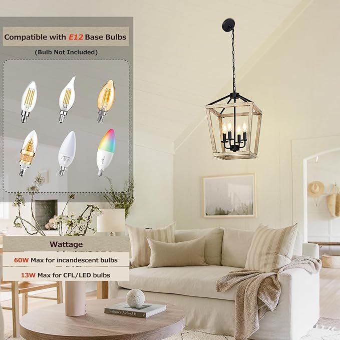 4 Light Chandelier Fixture, Farmhouse Light Fixtures Geometric Metal Cage Modern Ceiling Light with Adjustable Height, E12 Base Hanging Lights for Kitchen Island, Dining Room, Living Room, Indoor-CasaMuseHome