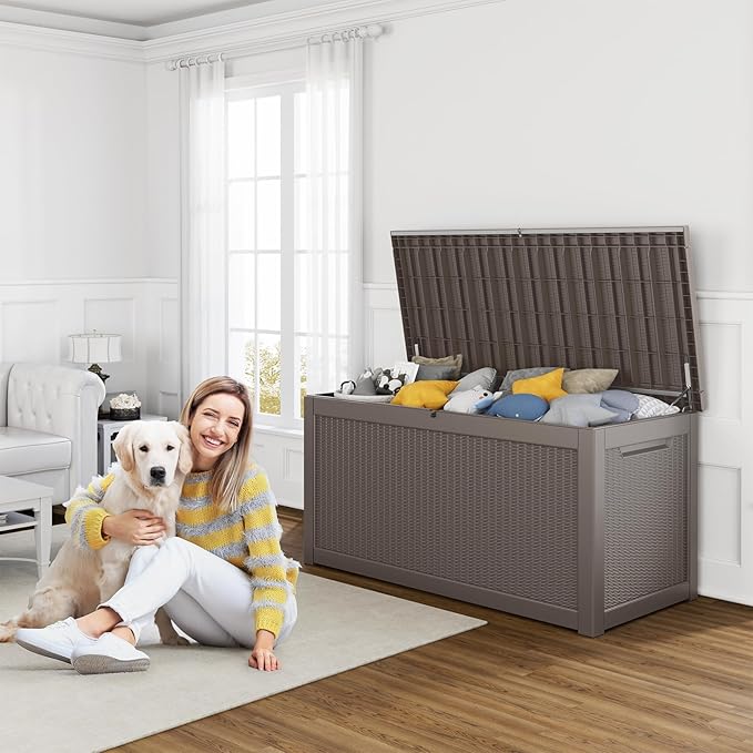 260 Gallon Resin Deck Box, Lockable Patio Outdoor Storage Box for Furniture, Garden Tools and Tools Storage, Waterproof Outside Storage Boxes - Grey-CasaMuseHome