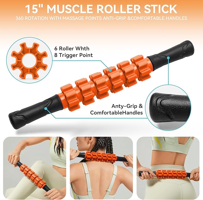 5 in 1 Foam Roller Set for Deep Tissue Muscle Massage, Trigger Point Fitness Exercise Foam Roller, Massage Roller, Massage Ball, Stretching Strap, for Whole Body (Orange Black)-CasaMuseHome