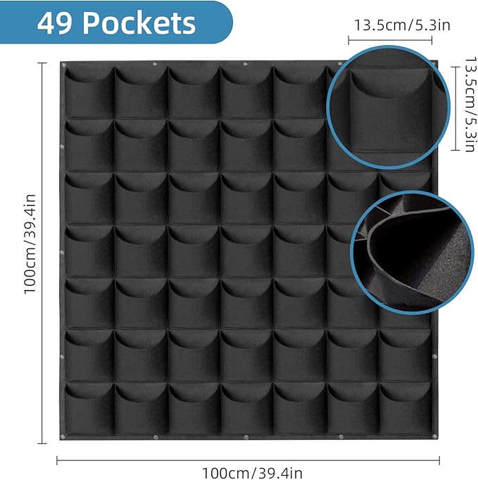 49 Pockets Hanging Planter Bags, Hanging Vertical Wall Mounted Plant Planting Grow Bags, Herb Garden Planter Outdoor Indoor Growing Bag, Gardening Vertical Greening Flower Container(1m×1m, Black)-CasaMuseHome