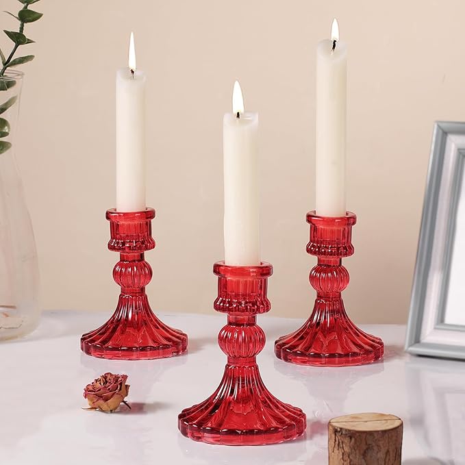 12PCS Red Candlestick Holders Set- 4" H Taper Candle Holders, Glass Candle Holders Bulk for Activities, Party, Home Table Centerpieces, Festival Gifts & Windowsill Decor-CasaMuseHome