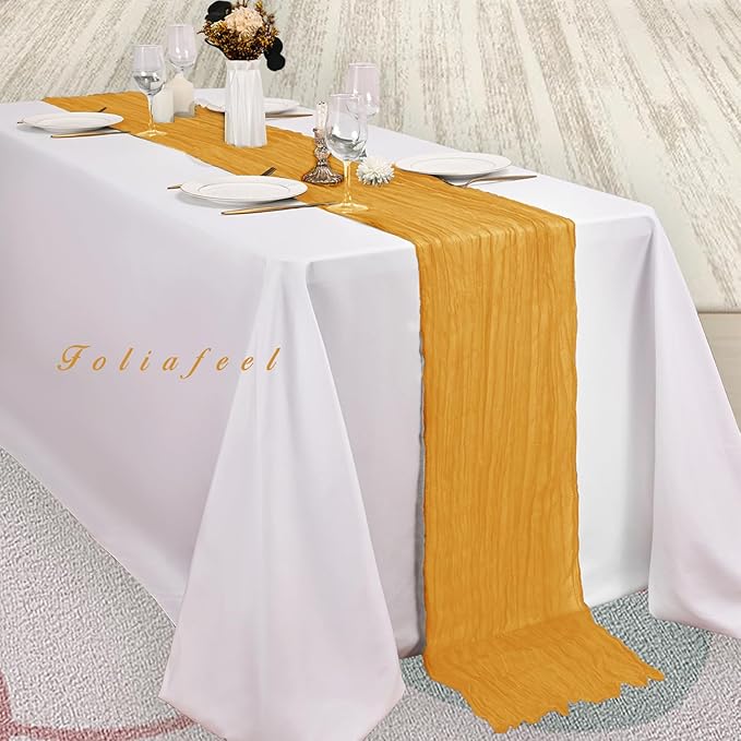 12 Pack Mustard 10FT Cheesecloth Table Runner Rustic Gauze Fabric Cheese Cloth Table Runner for Wedding Bridal Baby Shower Table Decor Boho Sheer Birthday Party Table Decorations 20 x 120 Inch Long-CasaMuseHome
