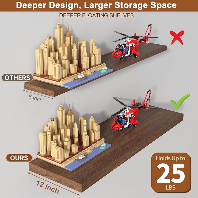 12 Inch Deep Floating Shelves for Wall 1 Pack Floating Shelves Large Storage Space Wall Mount Shelf for Living Room Kitchen Bathroom 24" W x 12" D x 1.2" H Walnut-CasaMuseHome