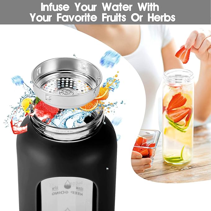 32 oz Glass Water Bottle with Straw - Motivational Time Marker & Silicone Sleeve - Reusable Tumbler Includes 2 Bamboo Lids & Fruit Infuser - 1 Pack-CasaMuseHome