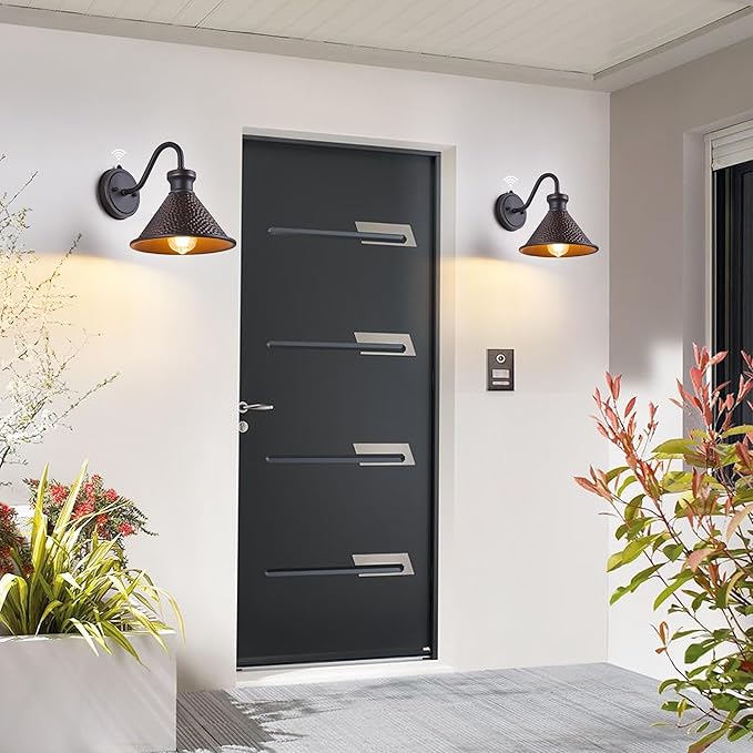 2 Pack Dusk to Dawn Outdoor Wall Light Fixtures Photocell Sensor, Exterior Sconce Light with Cast Hammered Aluminum Shade, Outside Wall Mount Lamp for House Patio Garage Entryway Doorway-CasaMuseHome