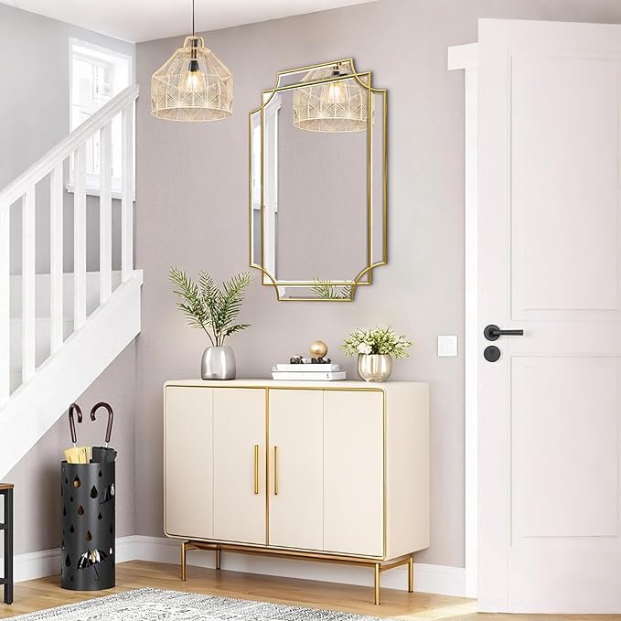 30x20 Inch Gold Bathroom Mirror, Wooden Frame with Scalloped Polished Beveled Glass, Modern Art Wall Decor for Vanity, Irregular Rectangle Mirror for Bedroom, Living Room, Fireplace & Entryway-CasaMuseHome