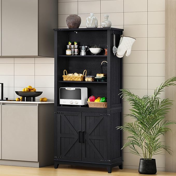 70in Tall Bookshelf 5 Tier Bookcase with Barn Doors and Adjustable Shelves, Black Farmhouse Book Shelf with Storage Cabinet, Wood Freestanding Display Bookshelves for Bedroom, Kitchen (2PCS)-CasaMuseHome