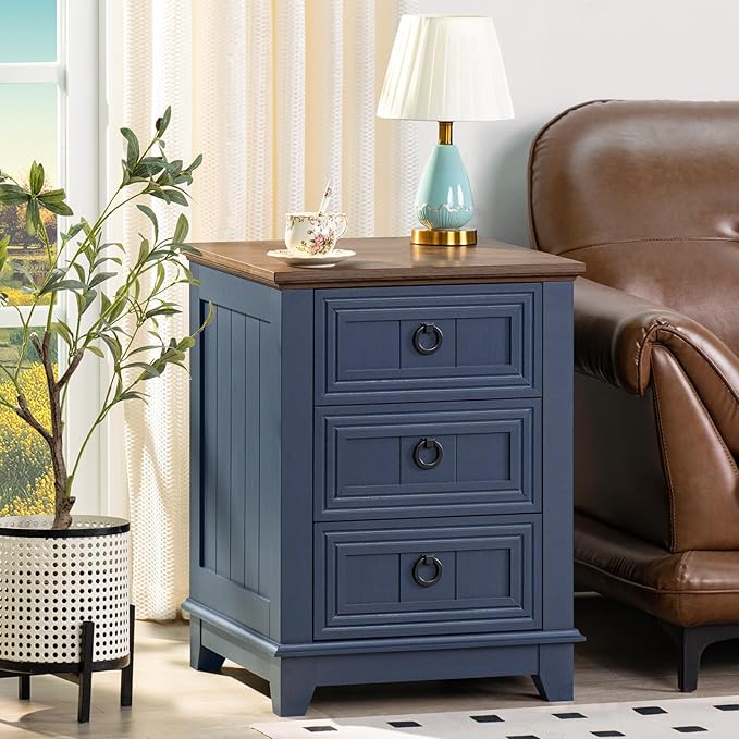 18" Farmhouse Night Stand with 3 Drawers, Wood End Table Dresser for Bedroom, Navy Blue Nightstand, Bed Side Table with Metal Handle, Bedside Cabinet for Bedroom Living Room, Closet-CasaMuseHome