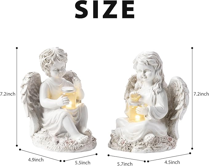 2 Pack Outdoor Angel Statue Garden Decor, Classic Solar Angel Figurine Decoration for Yard Art Indoor Porch Home Lawn Outside Light up Cherub Sculpture Guardian Wings Memorial Gifts-CasaMuseHome