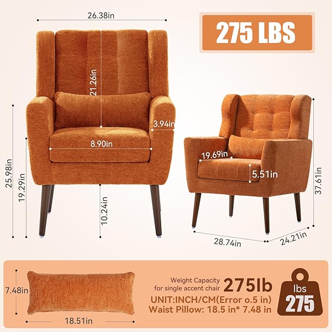 Accent Chair Set of 2, Upholstered Armchair with Pillow, Fabric Single Sofa Chair with Lounge Seat and Wood Legs Accent Chair for Living Room Small Spaces (Orange, Set of 2)-CasaMuseHome