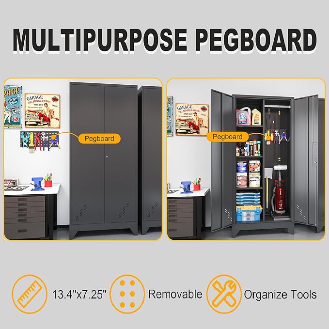 61" H Metal Storage Cabinet, Utility Cabinets with Locking Doors, Laundry Cabinet with Hanging Rod, Garage Tool Storage Cabinets for Home Office, Garage, Bathroom (Black)-CasaMuseHome