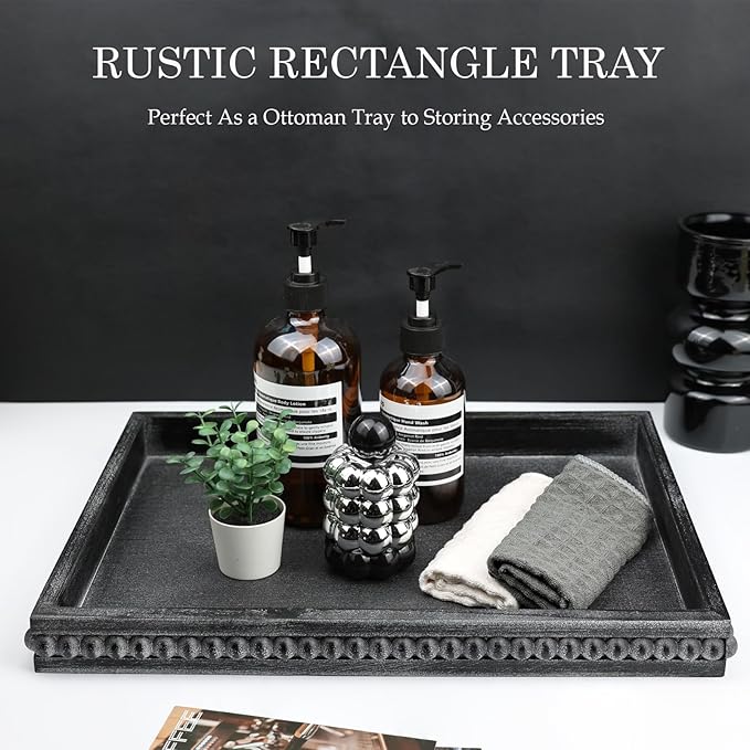 Rectangle Wood Serving Tray with Beads, Black Washed Wooden Decorative Tray for Entertaining, Decoration, and Gifting-CasaMuseHome