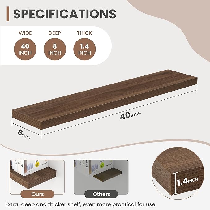 40 Inch Floating Shelves, 8 Inch Deep Floating Shelves for Wall, Hanging Shelf with Invisible Brackets, Deep Shelves for Bathroom, Bedroom, Living Room, Walnut, Set of 2-CasaMuseHome