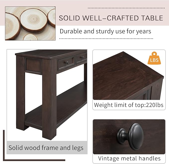63" Solid Wood Console Table Sofa Table with Storage Drawers and Bottom Shelf,Farmhouse Entryway Table for Hallway Foyer,Sofa Couch Table,Fully Assembled (63" Espresso)-CasaMuseHome