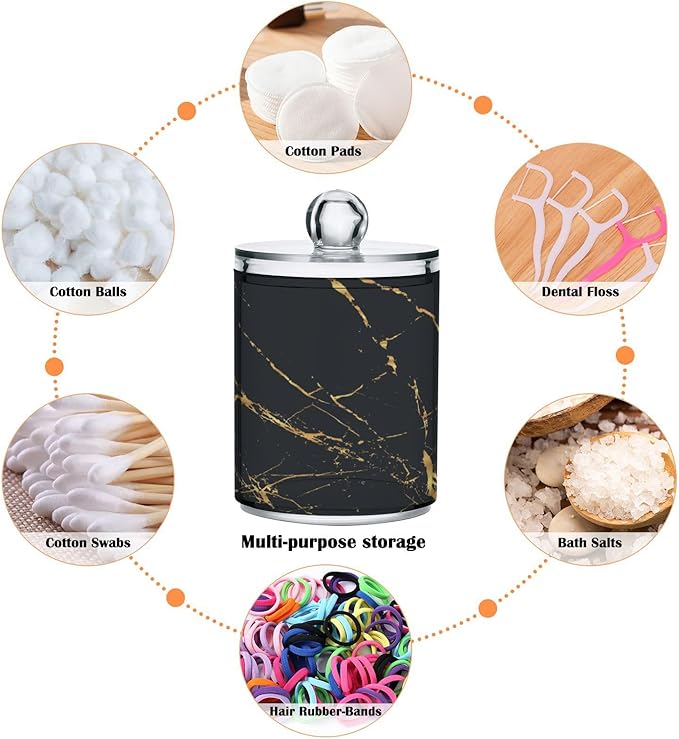 2 Pack Qtip Holder Organizer Dispenser Gold Black Marble Texture Bathroom Storage Canister Cotton Ball Holder Container for Cotton Pads/Swabs/Floss-CasaMuseHome