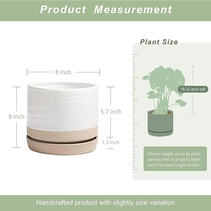 8 Inch Pots for Plants, Ceramic Planter Pot with Drainage Hole & Saucer, Indoor or Outdoor Cylinder Round Planter Pot, Matte White & Beige-CasaMuseHome