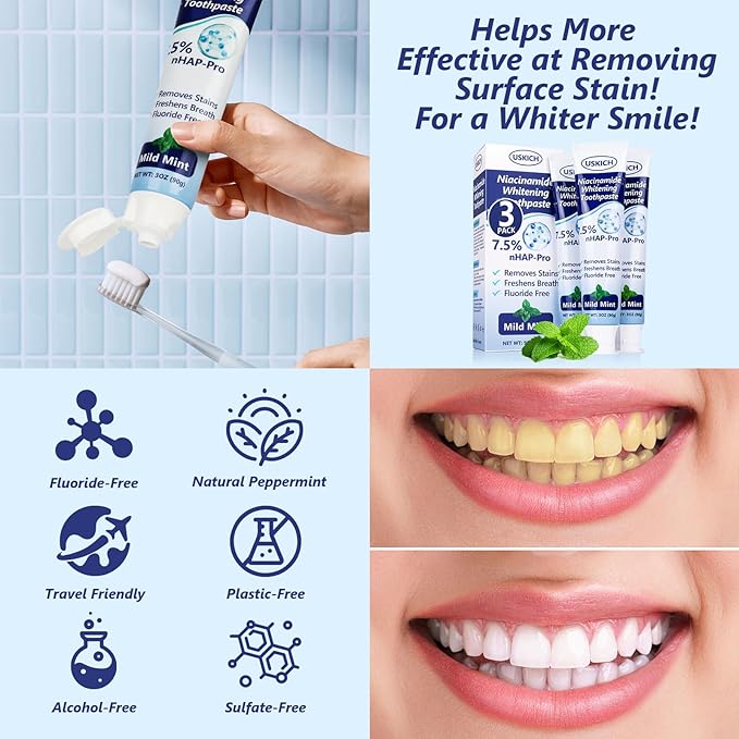 3 Pack Whitening Toothpaste,Fresh Breath Nano Hydroxyapatite Toothpaste for Remineralizing Enamel & Sensitive Relief,Whitening,Antiplaque,Natural Peppermint,Fluoride-Free-CasaMuseHome