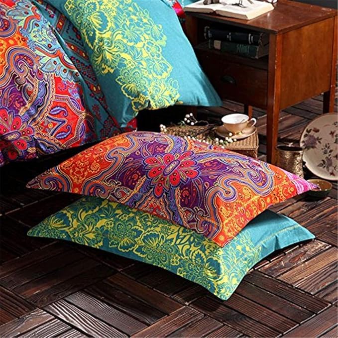 ABREEZE 3Pcs Bohemia Retro Bedding Ethnic Vintage Floral Duvet Cover Boho Bedding 100% Brushed Cotton Bedding Sets Damask Paisley Coloful Mandala Down Comforter Cover,King-CasaMuseHome
