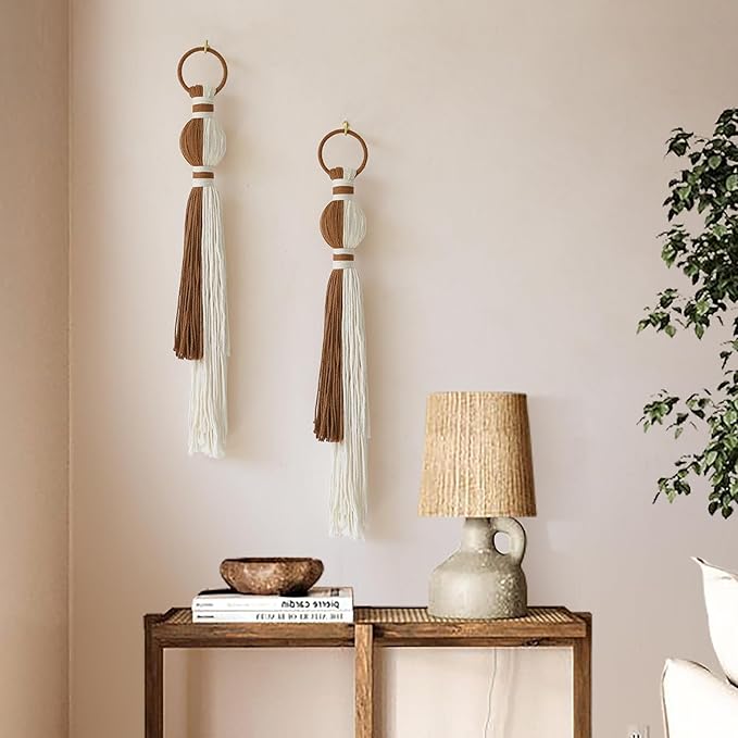 2Pcs Macrame Wall Hanging Boho Home Decor Fiber Art with Sphere Knots Tassels Handmade Yarn Art for Bedroom Living Room Office Entryway-CasaMuseHome