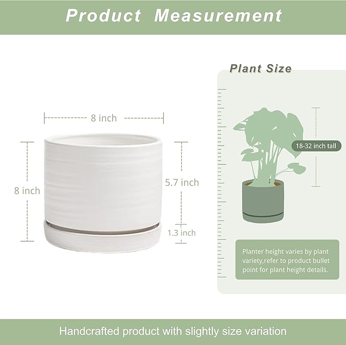 8 Inch Pots for Plants, Ceramic Planter Pot with Drainage Hole & Saucer, Indoor/Outdoor Cylinder Round Planter Pot, Matte White-CasaMuseHome