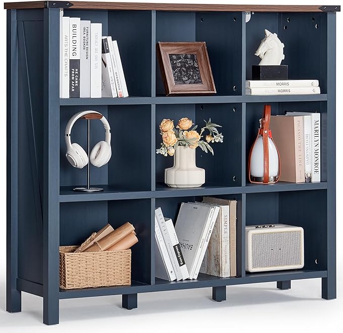 9 Cube Bookcase, Farmhouse 47 Inch Wide Navy Blue Bookshelf, Wooden 3 Tier Display Large Open Book Shelf, Vintage Horizontal Book Case for Home Office, Cubby Storage Cabinet for Living Room-CasaMuseHome