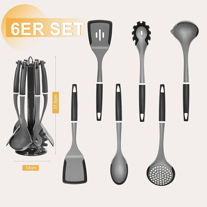 6-Piece Silicone Kitchen Utensil Set with Rotating Stand, Non-Stick, Heat-Resistant (400°F), Nylon Handle, Cooking Spatula Set for Baking & Cooking, Light Gray-CasaMuseHome