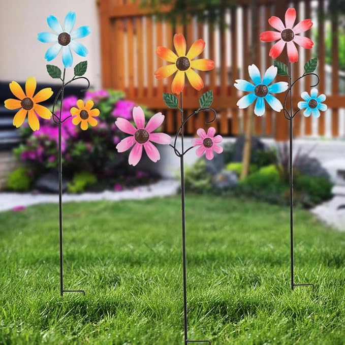 3 Pack Spring Garden Stakes Decor,Metal Flowers Decorative Garden Stakes,Waterproof Metal Yard Art for Outside,Lawn,Patio,Yard(23.1 * 6.7IN)-CasaMuseHome