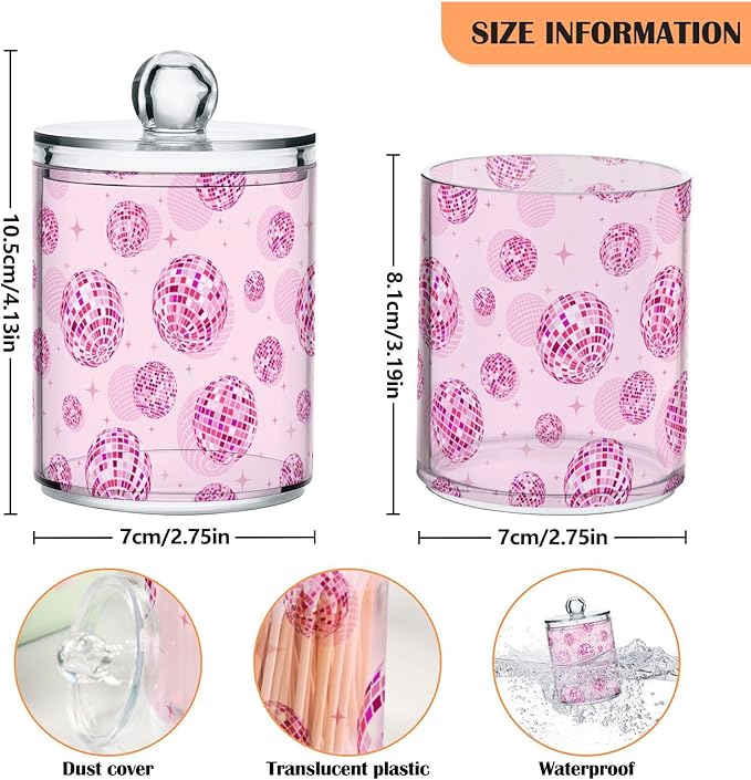 2 Pack Qtip Holder Organizer Dispenser Disco Balls Pink Bathroom Storage Canister Cotton Ball Holder Container for Cotton Pads/Swabs/Floss-CasaMuseHome