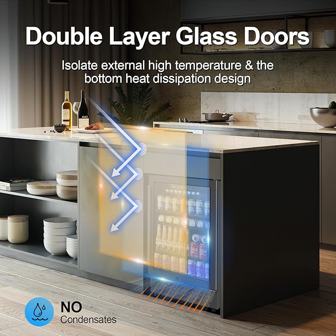 24 Inch Beverage Refrigerator, 5.2 Cu. Ft. Drink Refrigerator with Glass Door, 200 Cans Under Counter & Freestanding Drink Fridge, Reversible Door, Built-In Beverage Cooler for Kitchen, Bar or Office.-CasaMuseHome