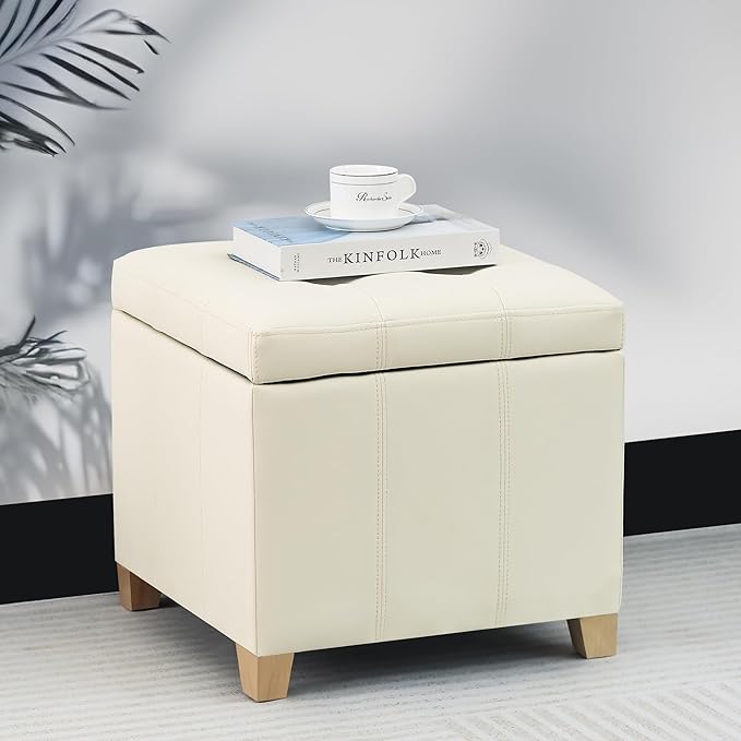 Adeco Faux Leather Storage Ottoman with Hinged Lid, 17.5 Inch High Cream White Square Cube Foot Stool with Storage, Upholstered Vanity Stool with Solid Wood Legs for Living Room, Bedroom, Dorm-CasaMuseHome