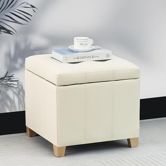Adeco Faux Leather Storage Ottoman with Hinged Lid, 17.5 Inch High Cream White Square Cube Foot Stool with Storage, Upholstered Vanity Stool with Solid Wood Legs for Living Room, Bedroom, Dorm-CasaMuseHome