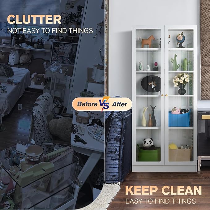 32" Wide Metal Storage Cabinet with Acrylic Doors and 4 Adjustable Shelves, 71" Tall Bookshelf, 5-Tier Freestanding Kitchen Pantry Cabinet with Anti-Tipping for Small Spaces/Kitchen/Living Room-CasaMuseHome