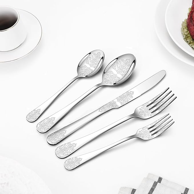 40 Pcs Silverware Set for 8 with Classical Flower Embossed Design, Food Grade Stainless Steel Flatware Set, Eating Utensils Sets Include Fork/Knife/Spoon, Reusable Cutlery Set, Dishwasher Safe-CasaMuseHome