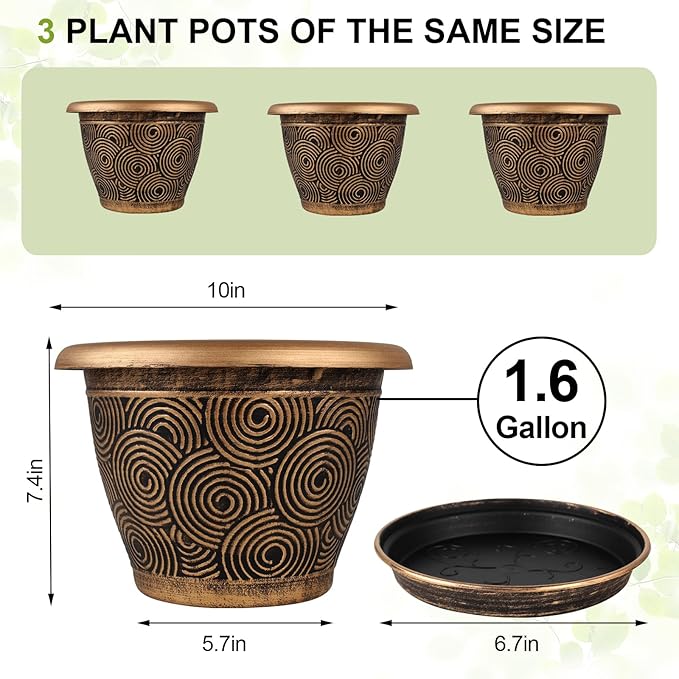 10 Inch Flower Pots Planters for Indoor Outdoor Plants, 3 Pack Plastic Large Plant Pots with Drainage Hole & Tray, Modern Decorative Garden Pot with Saucer, Plant Container for House-CasaMuseHome