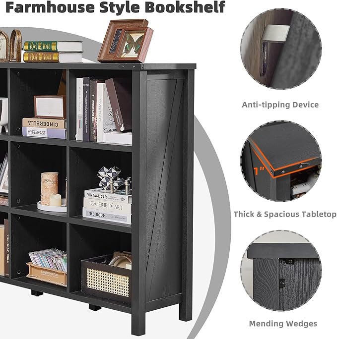 9 Cube Bookcase, Farmhouse 47 Inch Wide Black Bookshelf, Wooden 3 Tier Display Large Open Book Shelf, Vintage Horizontal Book Case for Home Office, Cubby Storage Cabinet for Living Room-CasaMuseHome