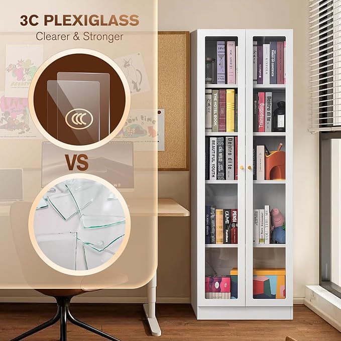 5 Tier Metal Curio Cabinets, Modern Bookshelf Cabinet with 4 Adjustable Shelves, Cabinet Display Case for Home Office, Living Room, Pantry (White-23.54W)-CasaMuseHome