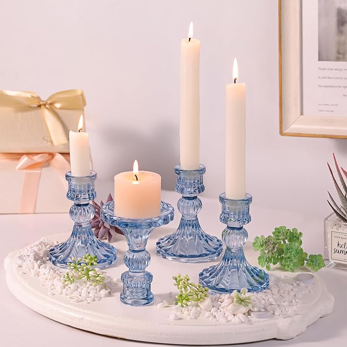 12PCS Blue Candlestick Holders Set- 4" H Taper Candle Holders, Glass Candle Holders Bulk for Wedding, Party, Home Table Centerpieces, Festival Gifts & Windowsill Decor-CasaMuseHome