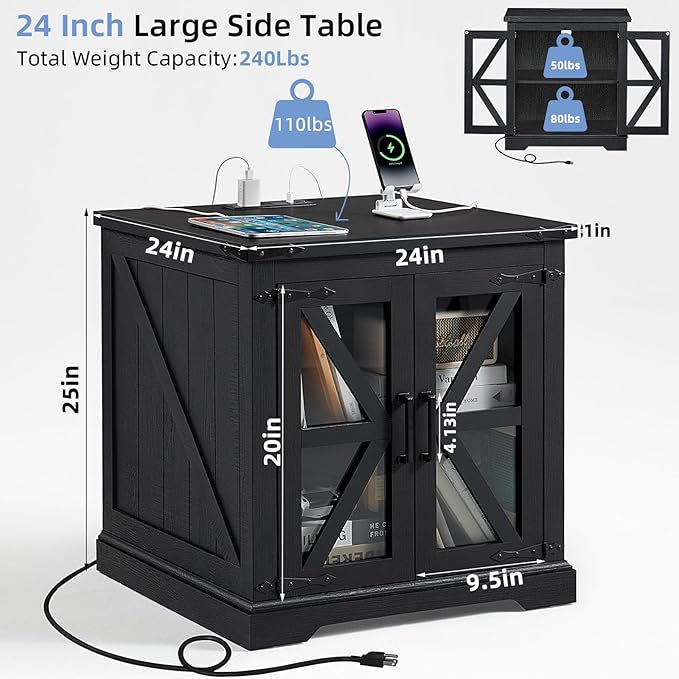24" End Table with Charging Station, Farmhouse Night Stand with Glass Barn Door, Black Nightstands with Adjustable Storage Shelf, Large Wood Square Bed Side Table for Living Room,Bedroom-CasaMuseHome