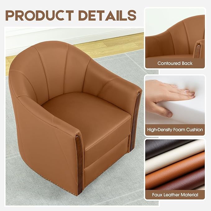 360° Swivel Accent Chair, Modern Leather Barrel Club Chair with Leather Upholstery and Sturdy Wood Base, Comfortable Armchair for Living Room, Bedroom, Reading Nook, Brown-CasaMuseHome
